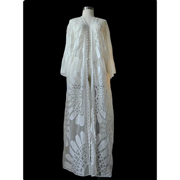 White Embroidered Lace Duster Kimono Long Coverup See through - Picture 4 of 8